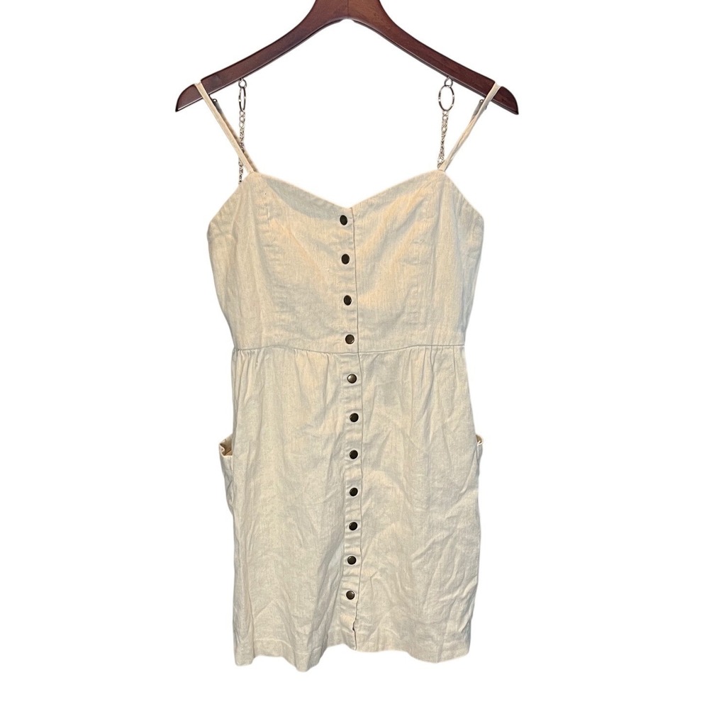 Forever 21 Linen Blend Button Front Mini Dress Cream Beige Large Pockets Strappy